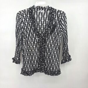 Agora Black White Polka Dot Blouse Ruffled Nckline Rosett Sheer Size M Feminine